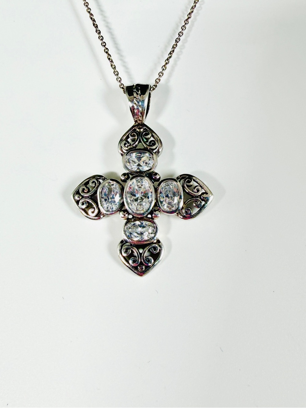Cross Pendant Necklace 925 Sterling Silver Bezel CFJ Filigree with Chain Bling